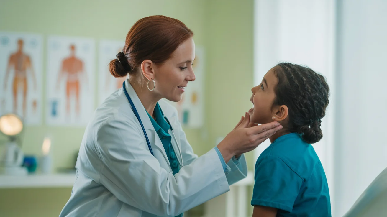 Female doctor examining patient's throat with medical light