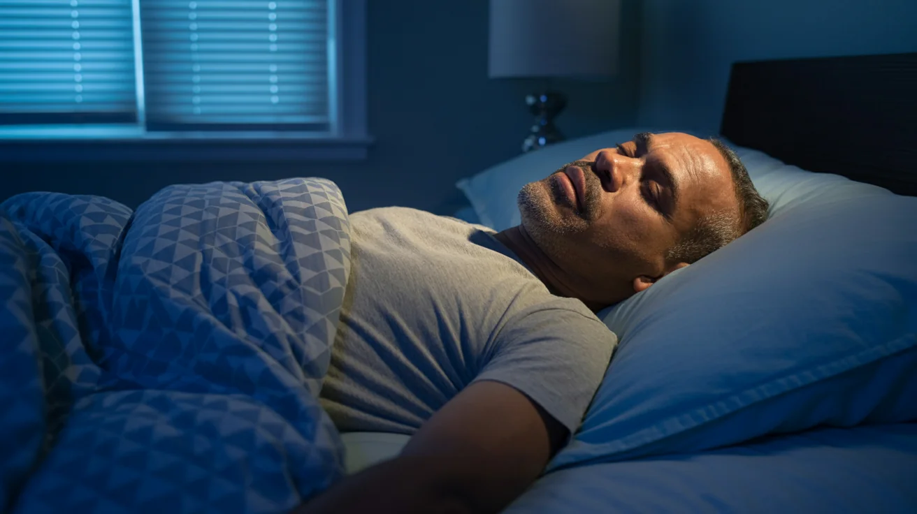 Overweight middle-aged man sleeping on back with mouth open showing sleep apnea symptoms