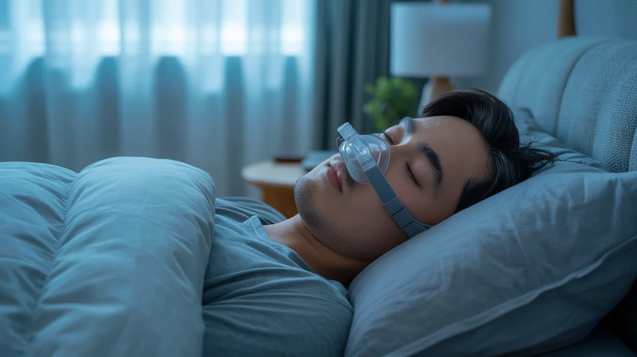 Asian man sleeping peacefully wearing CPAP mask for sleep apnea treatment