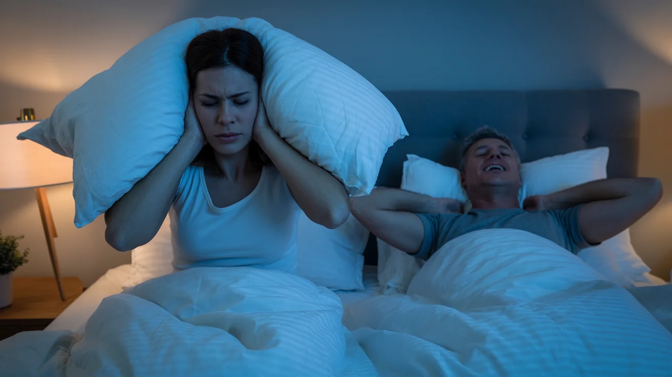 Woman covering ears with pillow while partner snores loudly