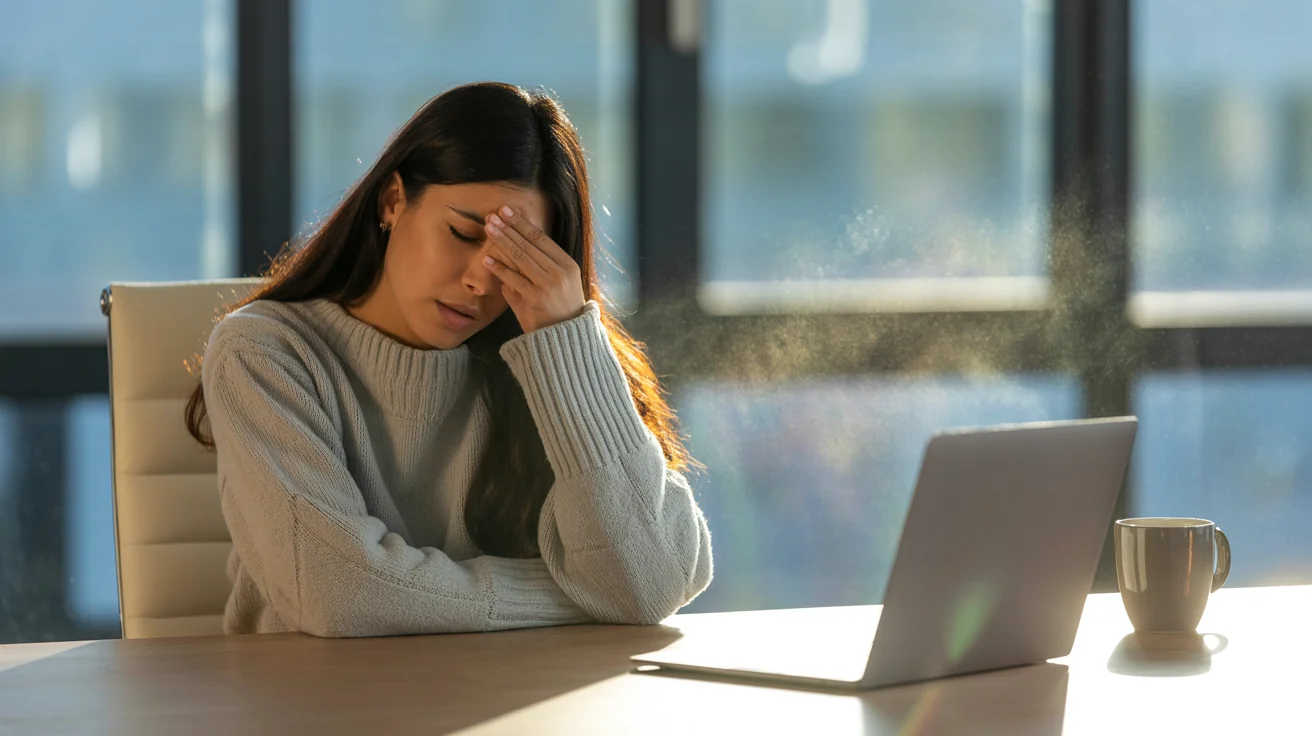Young woman at office desk rubbing eyes exhausted from poor sleep