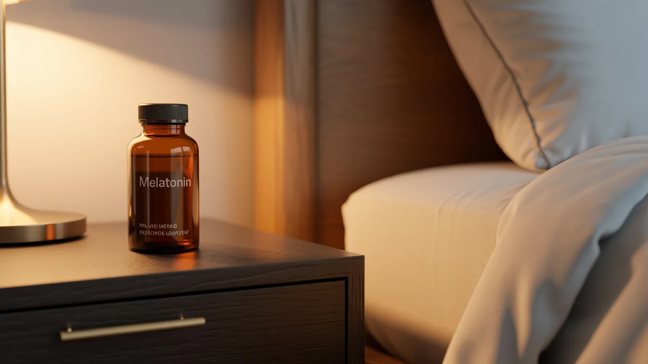 Melatonin supplement bottle on bedroom nightstand