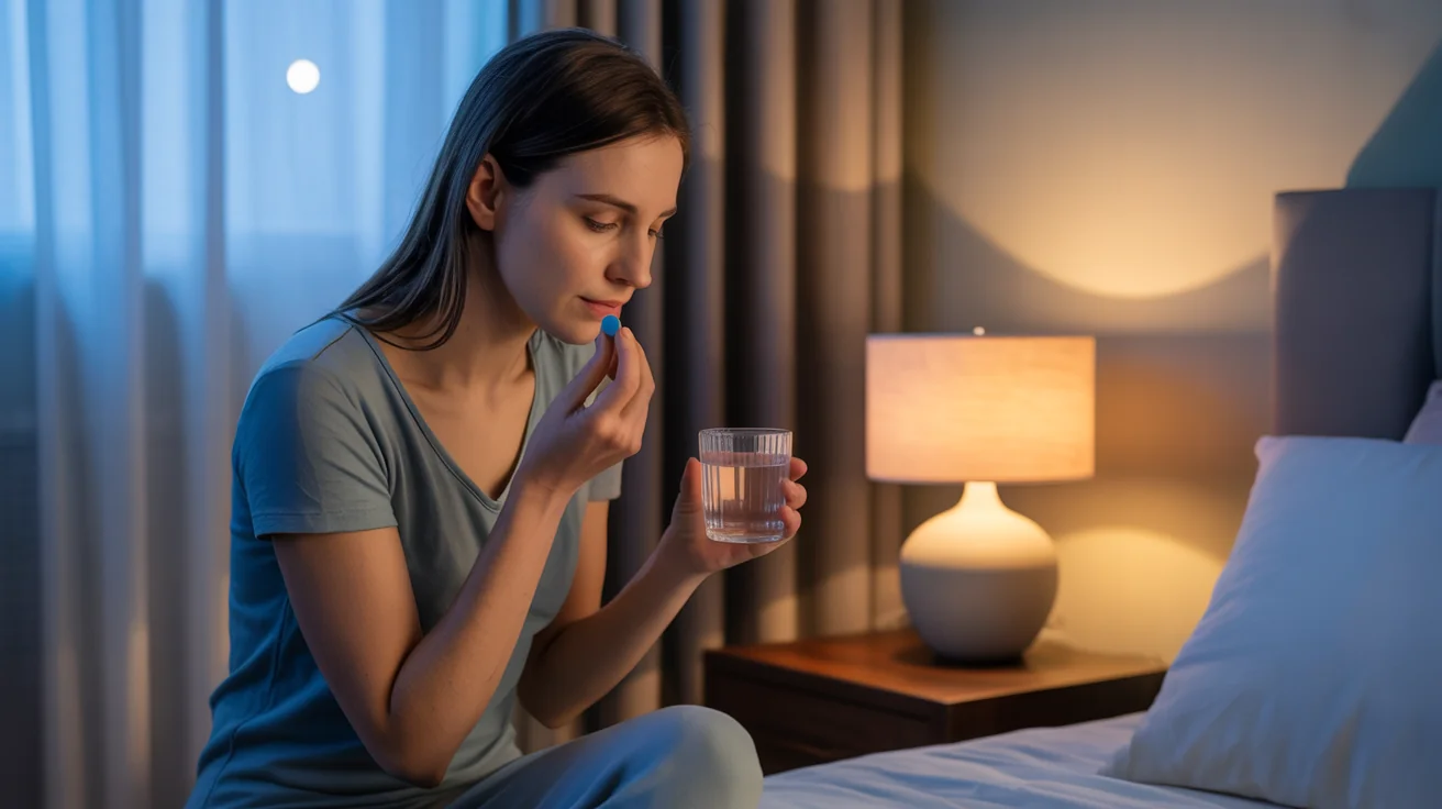 Woman taking melatonin supplement before sleep