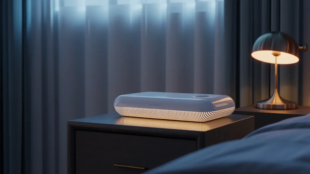 White noise machine on nightstand