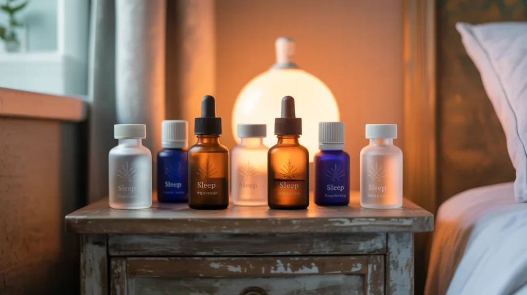 Sleep supplement bottles on nightstand