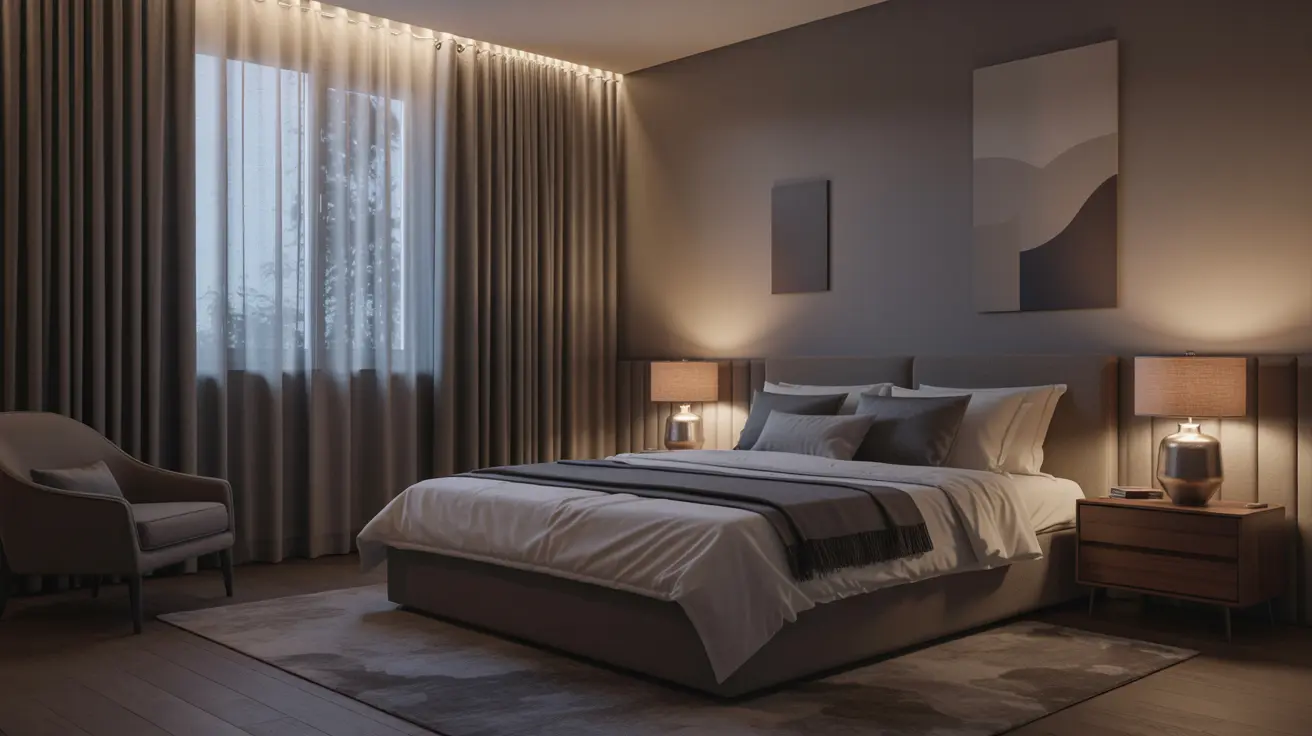 Perfectly designed sleep sanctuary bedroom with dim lighting and blackout curtains
