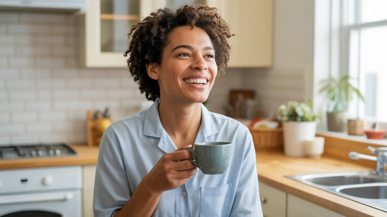 Happy well-rested person enjoying morning coffee in bright kitchen