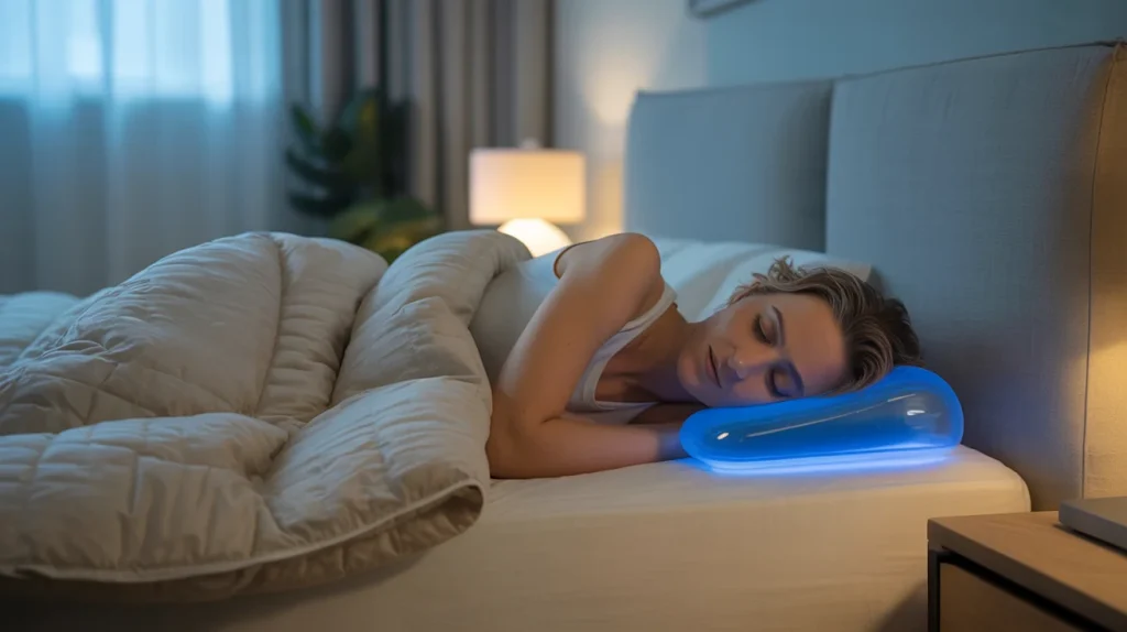 Person sleeping cool on temperature-regulating pillow
